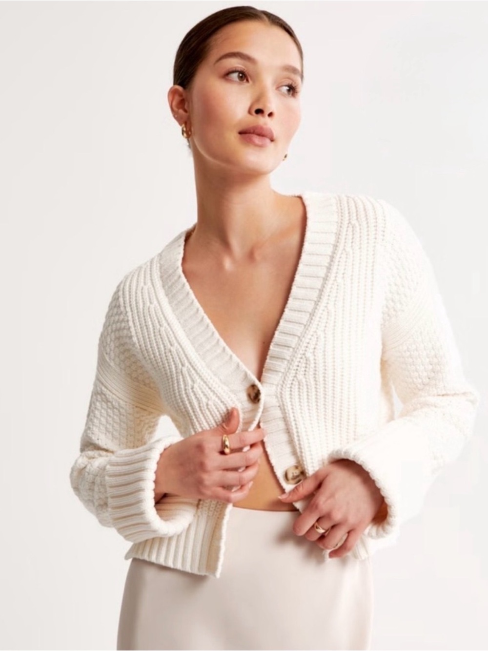 Abercrombie & Fitch Cable Knit Button Up Cardigan in Cream - Picture 1 of 4